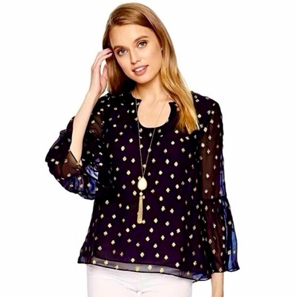 LILLY PULITZER AMORY PINATA BLACK STARRY CLIP CHIFFON METALLIC SILK BLOUSE TOP M